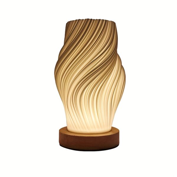 Modern Dimmable LED Table Lamp – Minimalist Wavy Accent Nightlight with Wood Base for Bedroom & Living Room