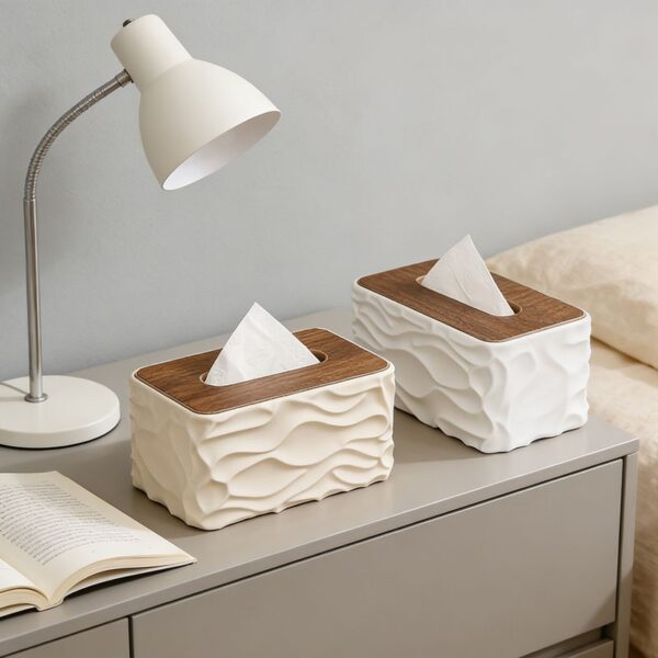 Modern Wavy Tissue Box Holder with Wood Lid – Minimalist Square Organizer for Bathroom & Living Room (Black)