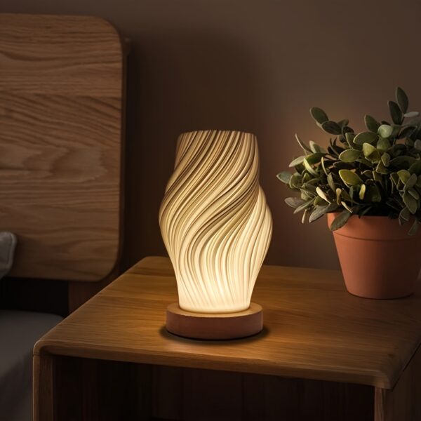 Modern Dimmable LED Table Lamp – Minimalist Wavy Accent Nightlight with Wood Base for Bedroom & Living Room