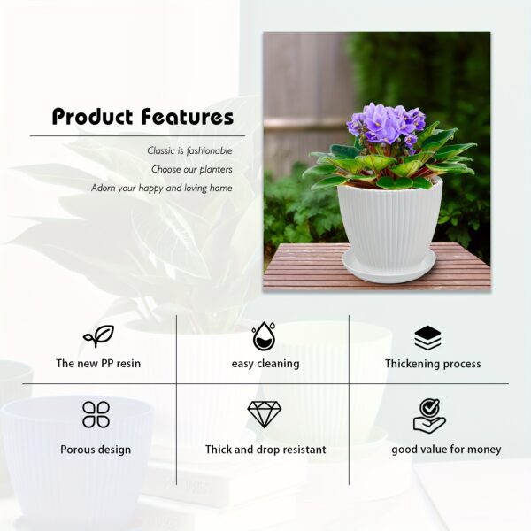 Modern Resin Planters with Saucers (6-Pack Multi-Size Set) - Elegant Ribbed Indoor Flower Pots, Weather-Resistant Decorative Garden Pots for Houseplants, Succulents, and Herbs
