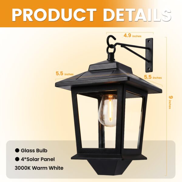 Outdoor Solar Wall Lanterns (2-Pack) - Anti-Rust Metal Hanging Solar Sconces with 4 Solar Panels, 3000K Warm White Dusk to Dawn LED Glass Bulb Lights for Porch, Patio, and Garage