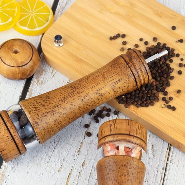 Premium Wooden Pepper Grinder and Salt Mill Set (2-Piece) - Manual Refillable Oak Wood Spice Grinders with Clear Acrylic Viewing Window & Adjustable Ceramic Coarseness for Kitchen, BBQ, and Dining Table