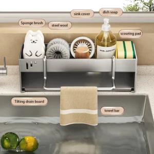 Stainless Steel Kitchen Sink Caddy Organizer | Multi-Functional Sponge Holder, Dish Soap & Rag Drain Rack