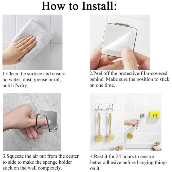 2-Pack Stainless Steel Sink Sponge Holder | Self-Adhesive Wall Drying Rack Hook