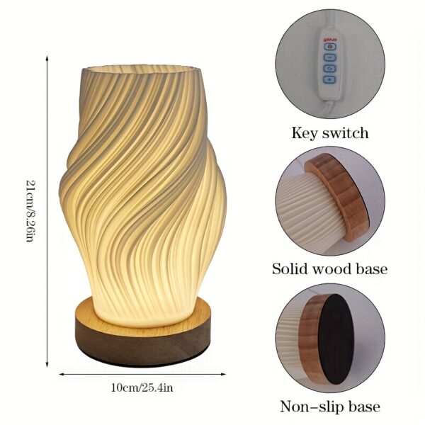 Modern Dimmable LED Table Lamp – Minimalist Wavy Accent Nightlight with Wood Base for Bedroom & Living Room