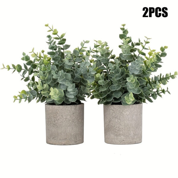 Artificial Eucalyptus Potted Plants (2-Pack) - Small Faux Greenery Desktop Decor in Textured Gray Pots, Realistic Plastic Plant Arrangement for Home, Office, Shelf, and Holiday Table Decoration
