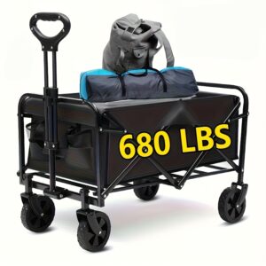 680LBS All-Terrain Heavy Duty Folding Wagon Cart – Large Capacity Multifunctional Utility Wagon for Camping, Gardening & Outdoor Sports (Black)