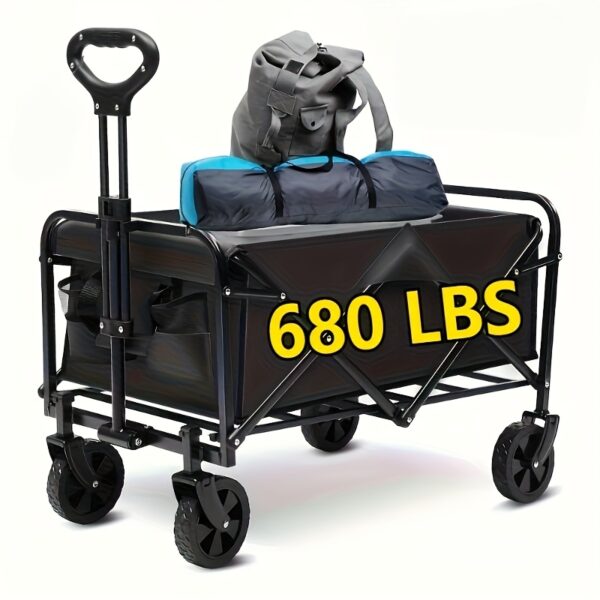 680LBS All-Terrain Heavy Duty Folding Wagon Cart – Large Capacity Multifunctional Utility Wagon for Camping, Gardening & Outdoor Sports (Black)