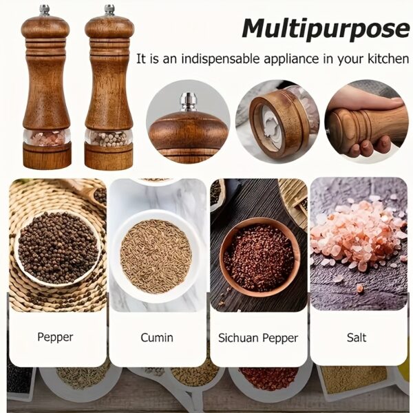 Premium Wooden Pepper Grinder and Salt Mill Set (2-Piece) - Manual Refillable Oak Wood Spice Grinders with Clear Acrylic Viewing Window & Adjustable Ceramic Coarseness for Kitchen, BBQ, and Dining Table