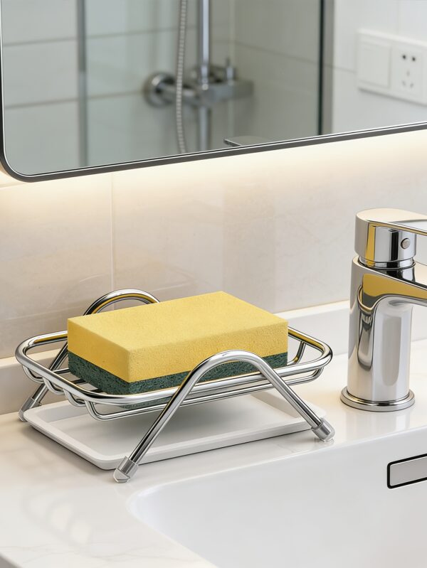 Stainless Steel Soap Dish with Removable Drip Tray - Contemporary Rectangular Countertop Saver & Sponge Holder Organizer for Bathroom Vanity, Shower, and Kitchen Sink