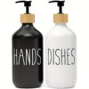Premium Farmhouse Kitchen Soap Dispenser Set (2-Pack) – Matte Black & White Hand and Dish Soap Bottles with Bamboo Tray
