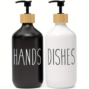 Premium Farmhouse Kitchen Soap Dispenser Set (2-Pack) – Matte Black & White Hand and Dish Soap Bottles with Bamboo Tray