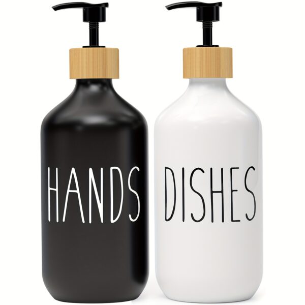 Premium Farmhouse Kitchen Soap Dispenser Set (2-Pack) – Matte Black & White Hand and Dish Soap Bottles with Bamboo Tray