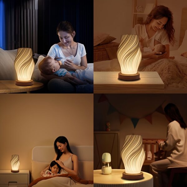 Modern Dimmable LED Table Lamp – Minimalist Wavy Accent Nightlight with Wood Base for Bedroom & Living Room