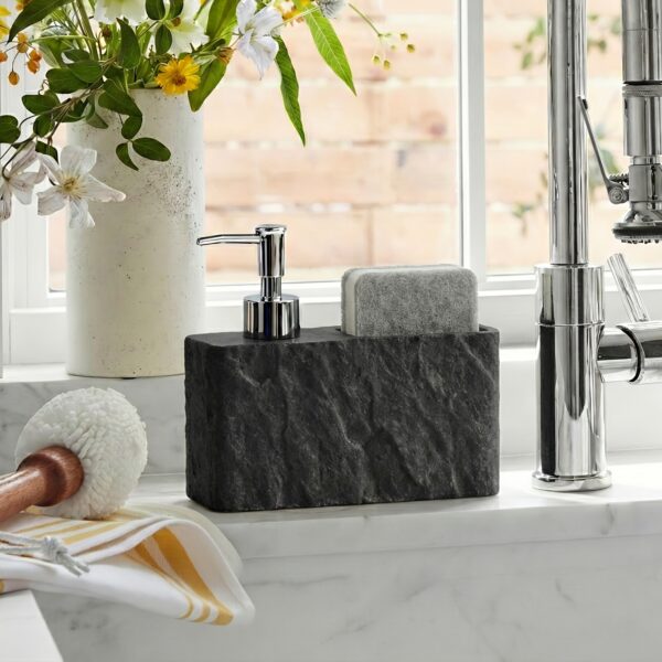 Natural Stone-Texture Kitchen Soap Dispenser with Sponge Holder - 2-in-1 Liquid Dish Soap Pump and Caddy Organizer for Kitchen Sink Countertop, Luxury Refillable Faux Resin Marble Sink Cruiser