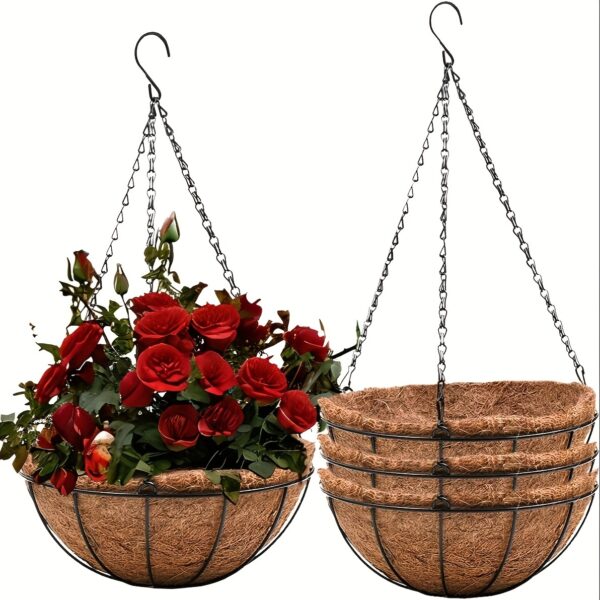 Premium 10-Inch Hanging Planter Basket Set (3-Pack) – Rust-Proof Metal Wire Flowerpots with Natural Coco Liners for Patio, Porch & Balcony