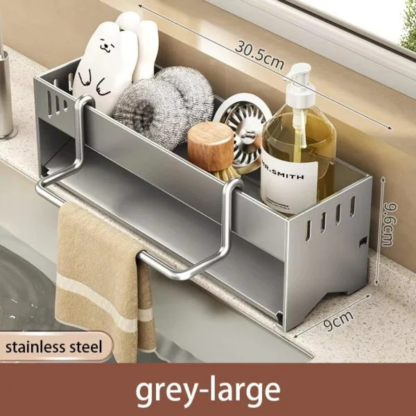 Stainless Steel Kitchen Sink Caddy Organizer | Multi-Functional Sponge Holder, Dish Soap & Rag Drain Rack