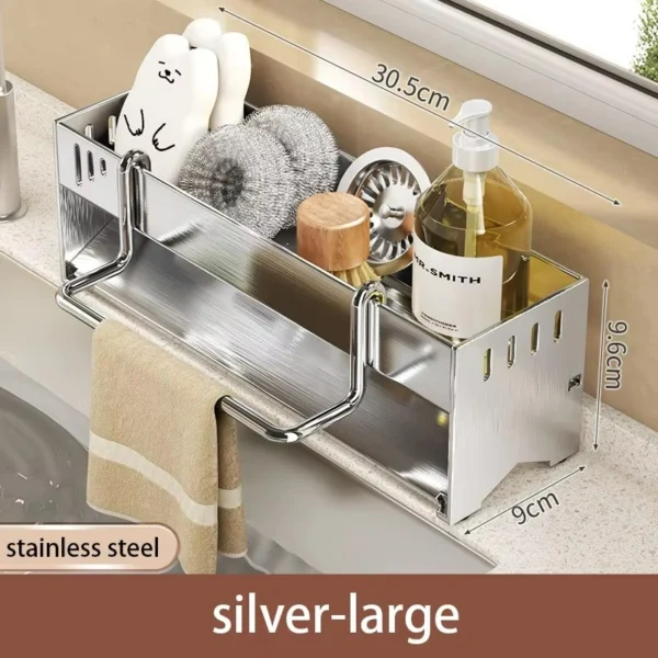Stainless Steel Kitchen Sink Caddy Organizer | Multi-Functional Sponge Holder, Dish Soap & Rag Drain Rack