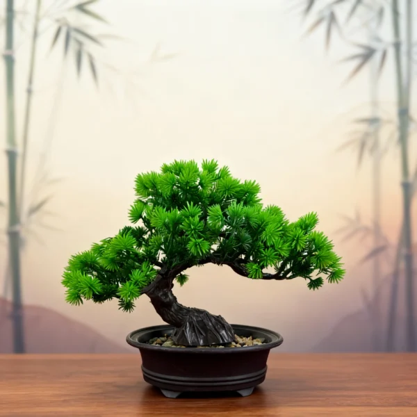 Artificial Japanese Pine Bonsai Tree in Decorative Pot - Faux Zen Desktop Plant Decor