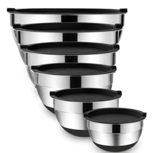 6-Piece Stainless Steel Mixing Bowls Set with Lids & Non-Slip Bases