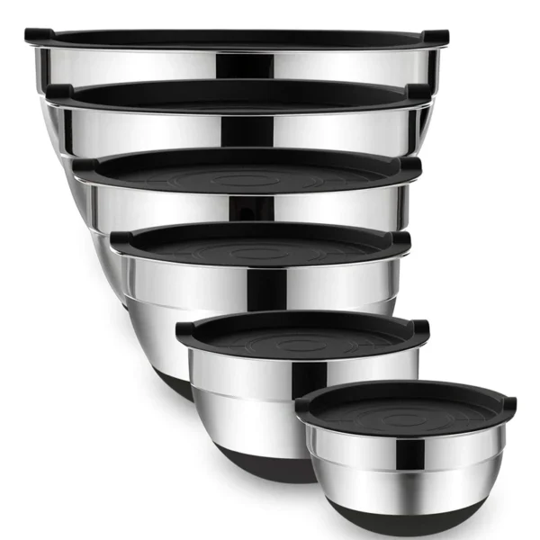 6-Piece Stainless Steel Mixing Bowls Set with Lids & Non-Slip Bases