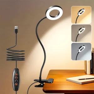Dimmable LED Clip-On Reading Light - 3 Color Modes, 10 Brightness Levels & 360° Gooseneck USB Desk Lamp