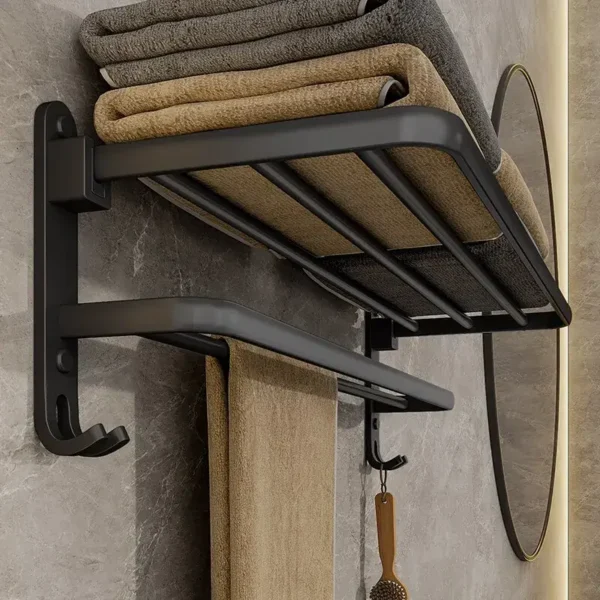 1 Matte Black Foldable Towel Rack with Hooks - Wall-Mounted Aluminum Bathroom Shelf Holder