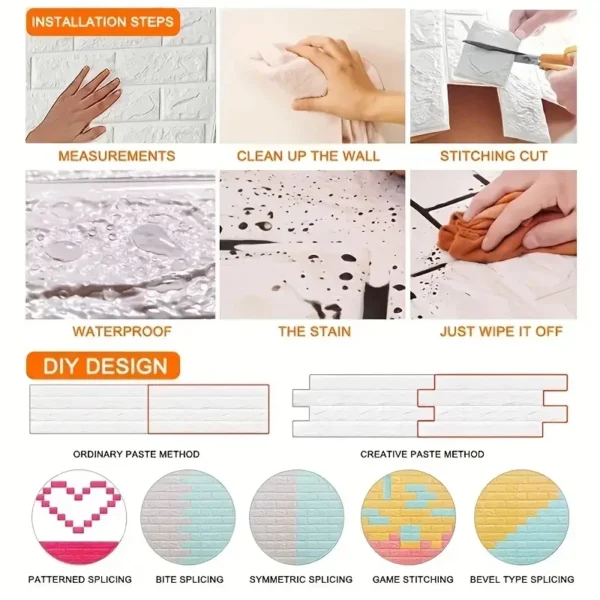 3D Self-Adhesive Brick Wall Roll - Waterproof Peel and Stick Foam Wallpaper
