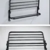16 Matte Black Foldable Towel Rack with Hooks - Wall-Mounted Aluminum Bathroom Shelf Holder