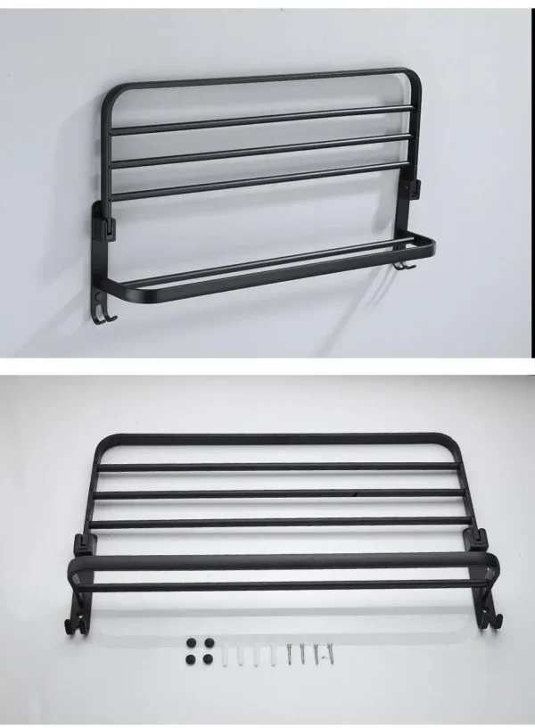 16 Matte Black Foldable Towel Rack with Hooks - Wall-Mounted Aluminum Bathroom Shelf Holder