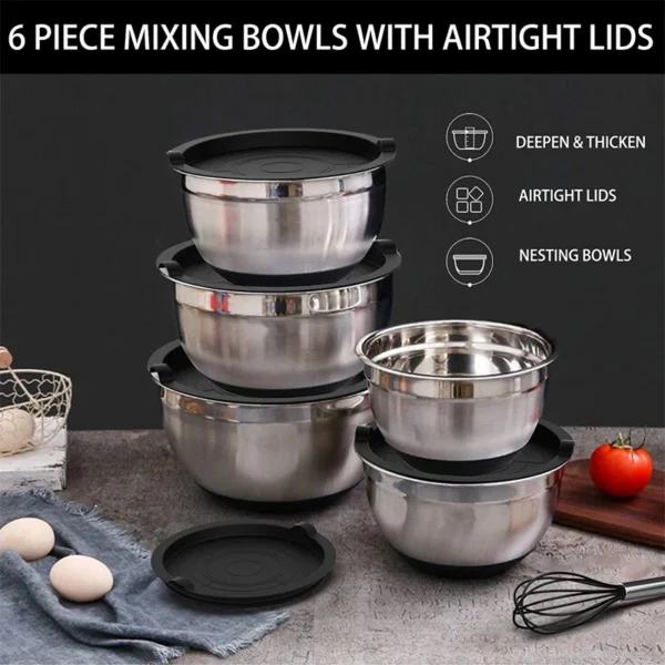 6-Piece Stainless Steel Mixing Bowls Set with Lids & Non-Slip Bases