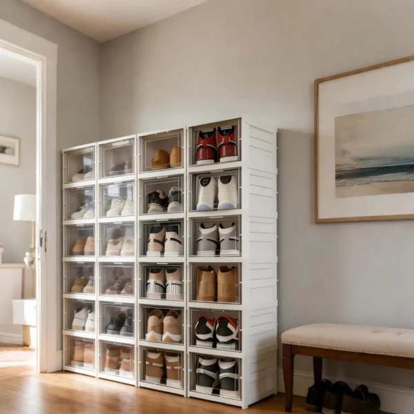 Foldable Stackable Shoe Storage Cabinet - Clear Door Organizer Rack for Closet & Entryway