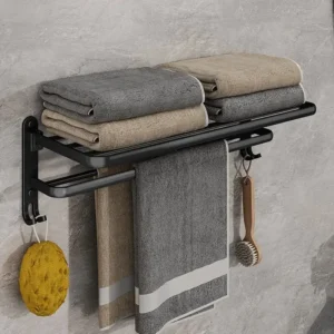 Matte Black Foldable Towel Rack with Hooks - Wall-Mounted Aluminum Bathroom Shelf Holder