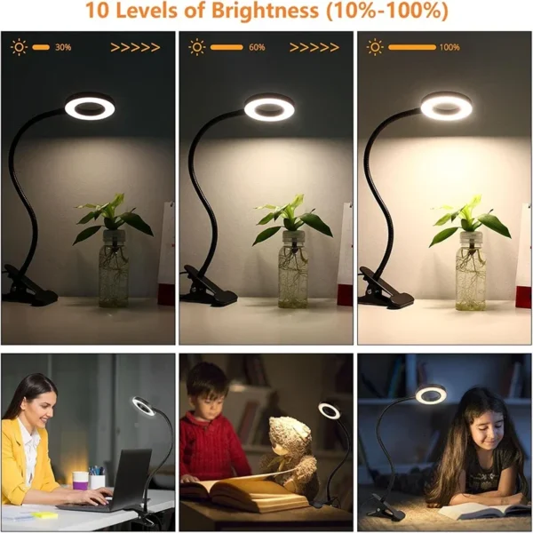 Dimmable LED Clip-On Reading Light - 3 Color Modes, 10 Brightness Levels & 360° Gooseneck USB Desk Lamp