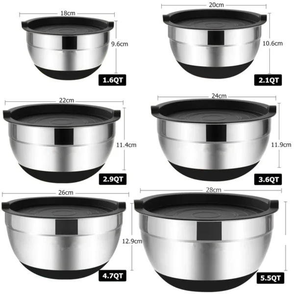 6-Piece Stainless Steel Mixing Bowls Set with Lids & Non-Slip Bases