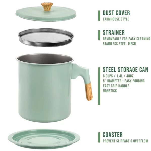 Premium Bacon Grease Container with Strainer - 1.4L Stainless Steel Cooking Oil Storage Pot