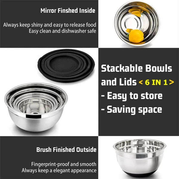 6-Piece Stainless Steel Mixing Bowls Set with Lids & Non-Slip Bases