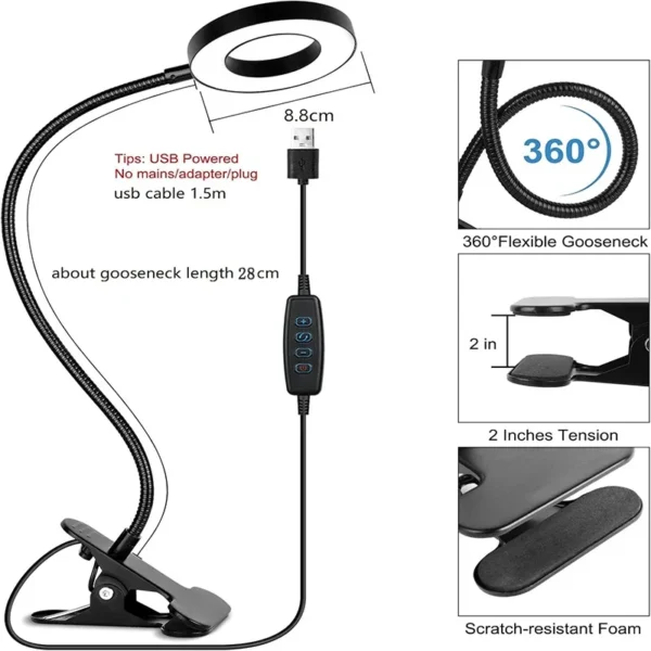 Dimmable LED Clip-On Reading Light - 3 Color Modes, 10 Brightness Levels & 360° Gooseneck USB Desk Lamp