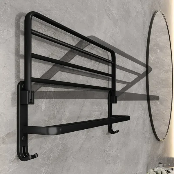 4 Matte Black Foldable Towel Rack with Hooks - Wall-Mounted Aluminum Bathroom Shelf Holder