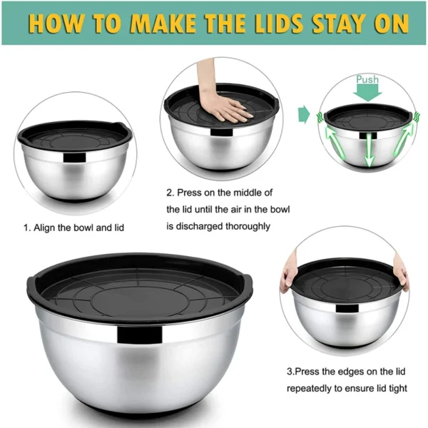 6-Piece Stainless Steel Mixing Bowls Set with Lids & Non-Slip Bases