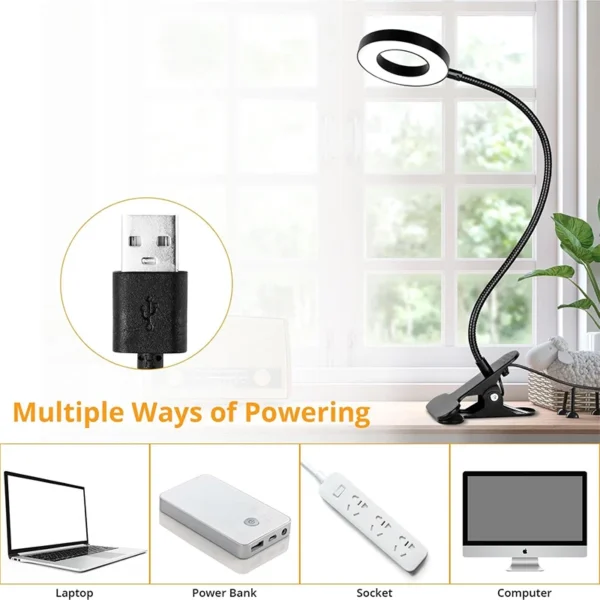 Dimmable LED Clip-On Reading Light - 3 Color Modes, 10 Brightness Levels & 360° Gooseneck USB Desk Lamp