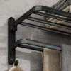 5 Matte Black Foldable Towel Rack with Hooks - Wall-Mounted Aluminum Bathroom Shelf Holder