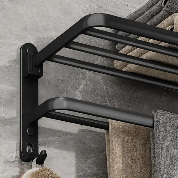 5 Matte Black Foldable Towel Rack with Hooks - Wall-Mounted Aluminum Bathroom Shelf Holder