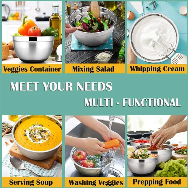 6-Piece Stainless Steel Mixing Bowls Set with Lids & Non-Slip Bases