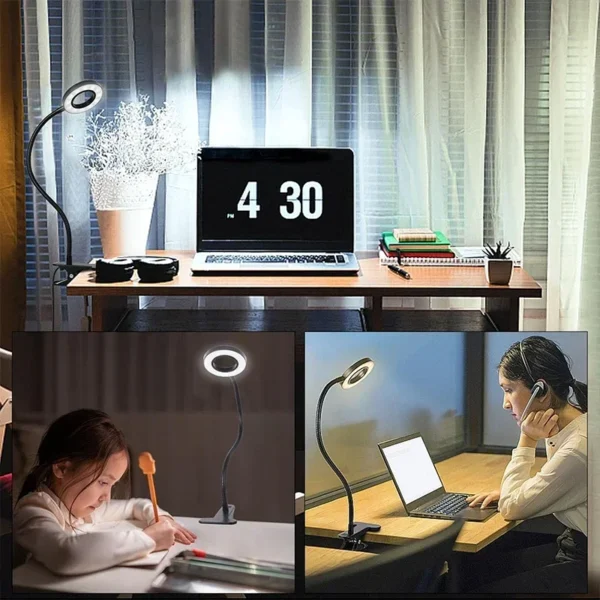 Dimmable LED Clip-On Reading Light - 3 Color Modes, 10 Brightness Levels & 360° Gooseneck USB Desk Lamp