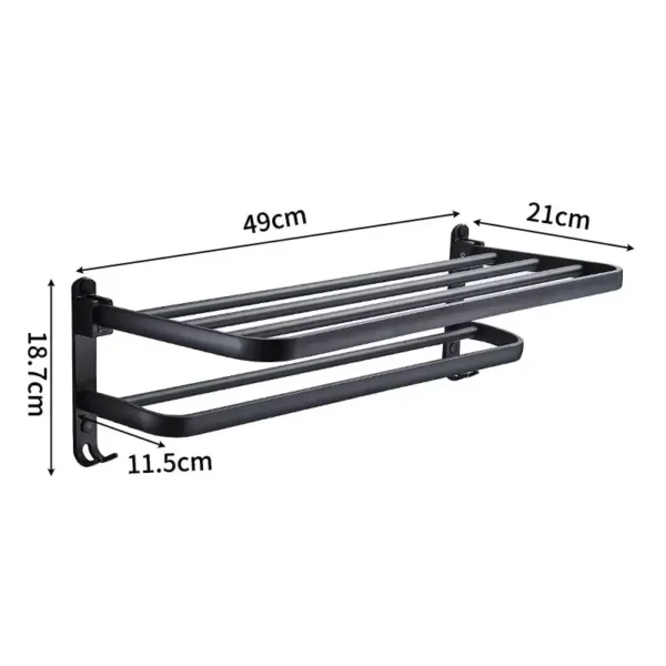 7 Matte Black Foldable Towel Rack with Hooks - Wall-Mounted Aluminum Bathroom Shelf Holder