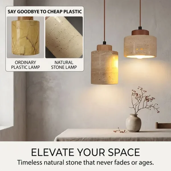 Natural Travertine Stone Pendant Light - Wabi-Sabi Modern Hanging Ceiling Fixture for Bedside & Dining