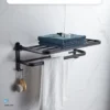 9 Matte Black Foldable Towel Rack with Hooks - Wall-Mounted Aluminum Bathroom Shelf Holder
