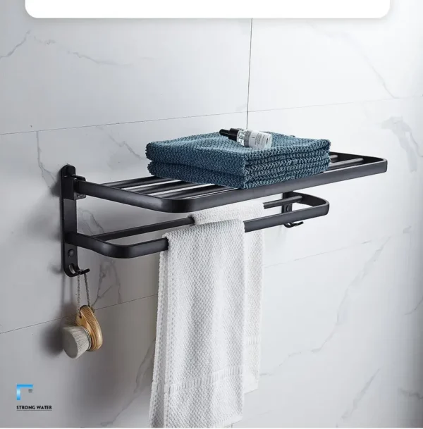 9 Matte Black Foldable Towel Rack with Hooks - Wall-Mounted Aluminum Bathroom Shelf Holder