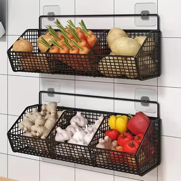 Wall-Mounted Wire Produce Basket – Multi-Compartment Iron Kitchen Storage Organizer